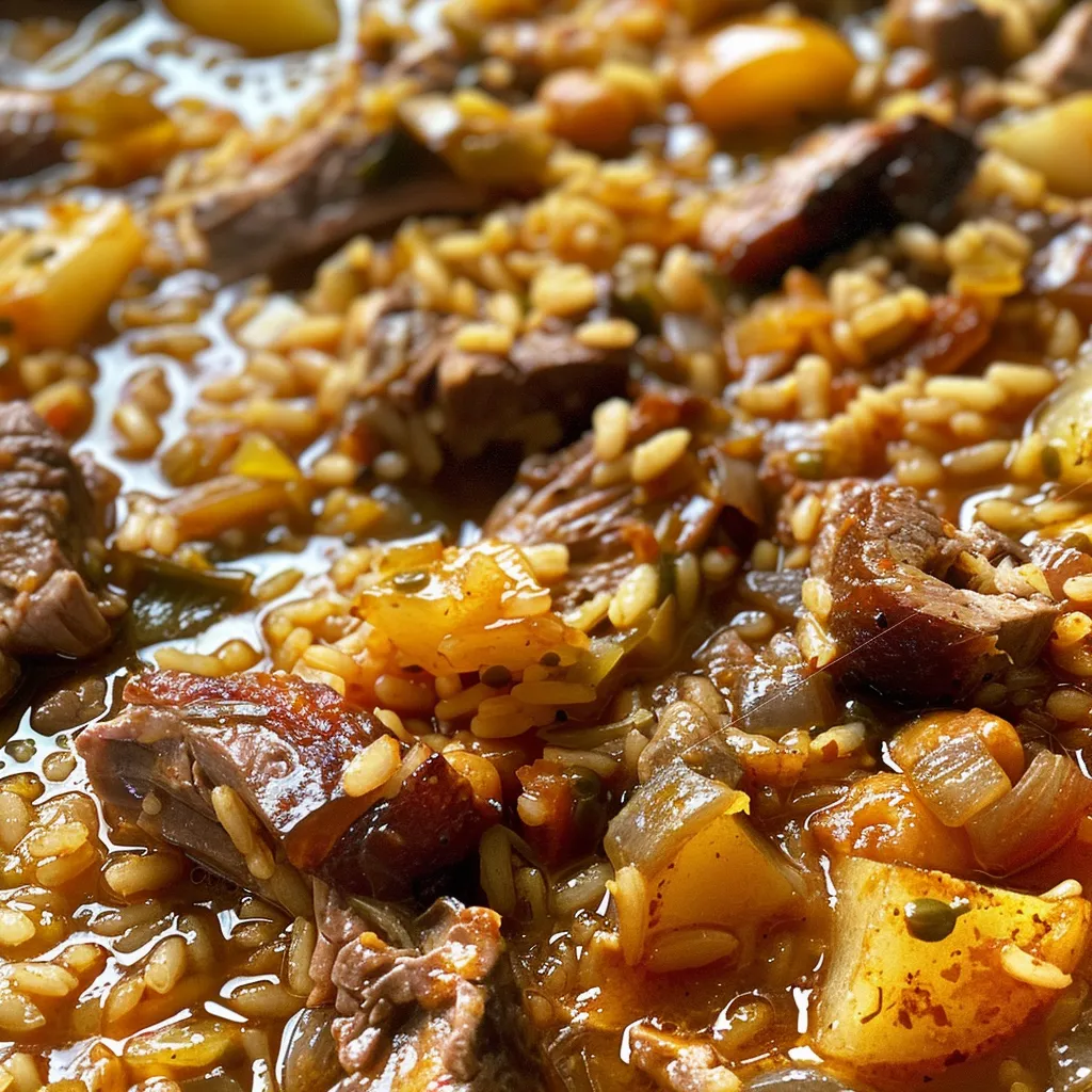 Side view of a serving of Arroz à grega, highlighting vegetables and grains.