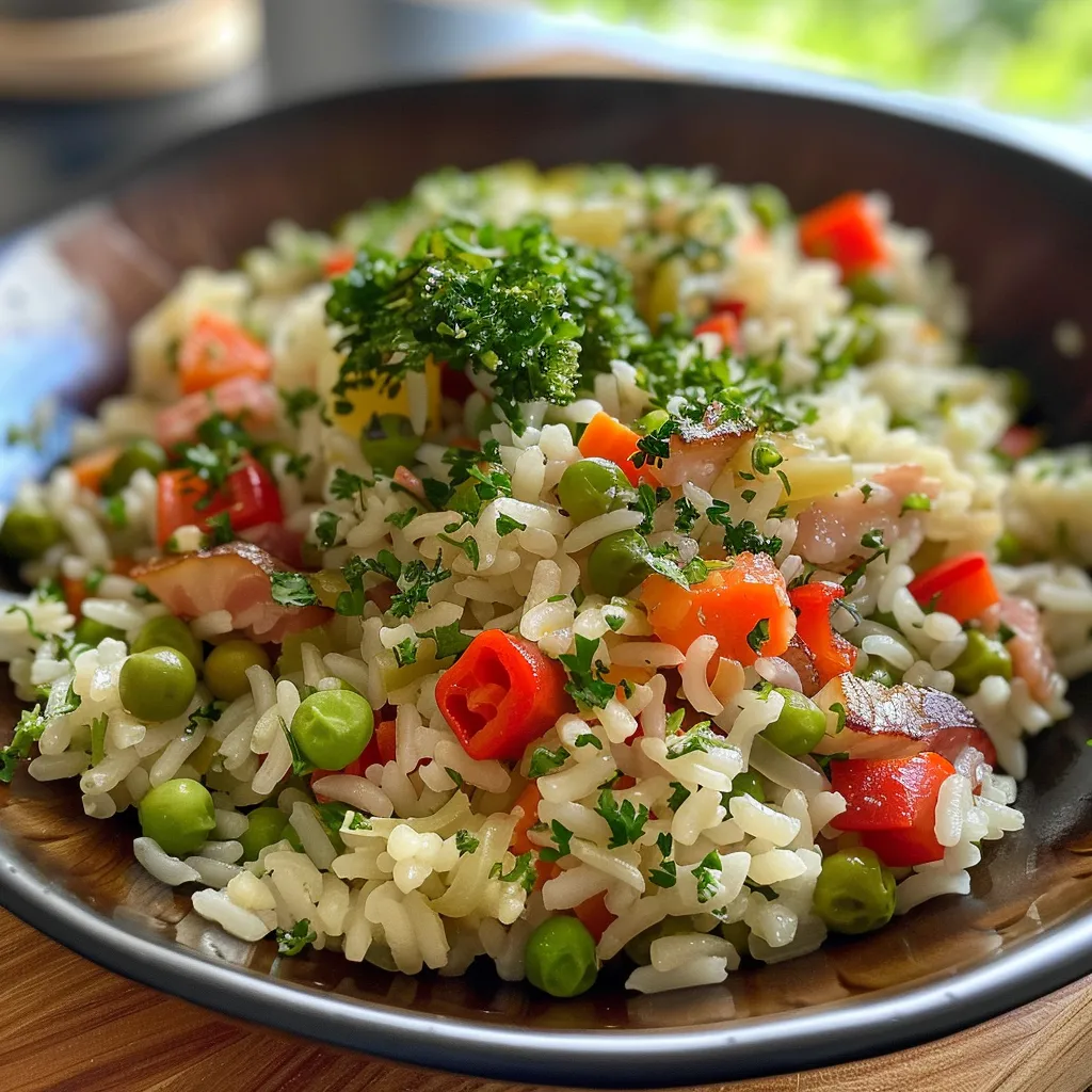 Side view of a plate of Arroz à Grega with vibrant carrot, pepper, and peas.