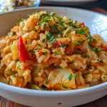 Close-up image of Arroz a la Griega with colorful ingredients.