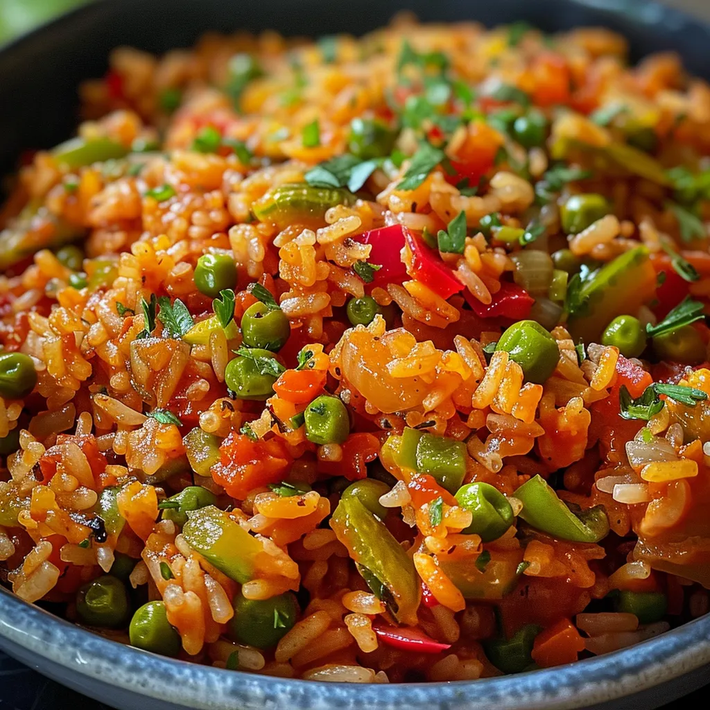 Side view of a delicious plate of Arroz a la Griega featuring rice and vegetables.