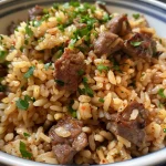 Close-up of a steaming bowl of arroz carreteiro simples with colorful ingredients.