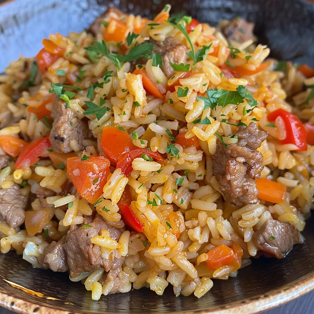 Side view of a plate of arroz carreteiro simples, showcasing tender pieces of meat and rice.