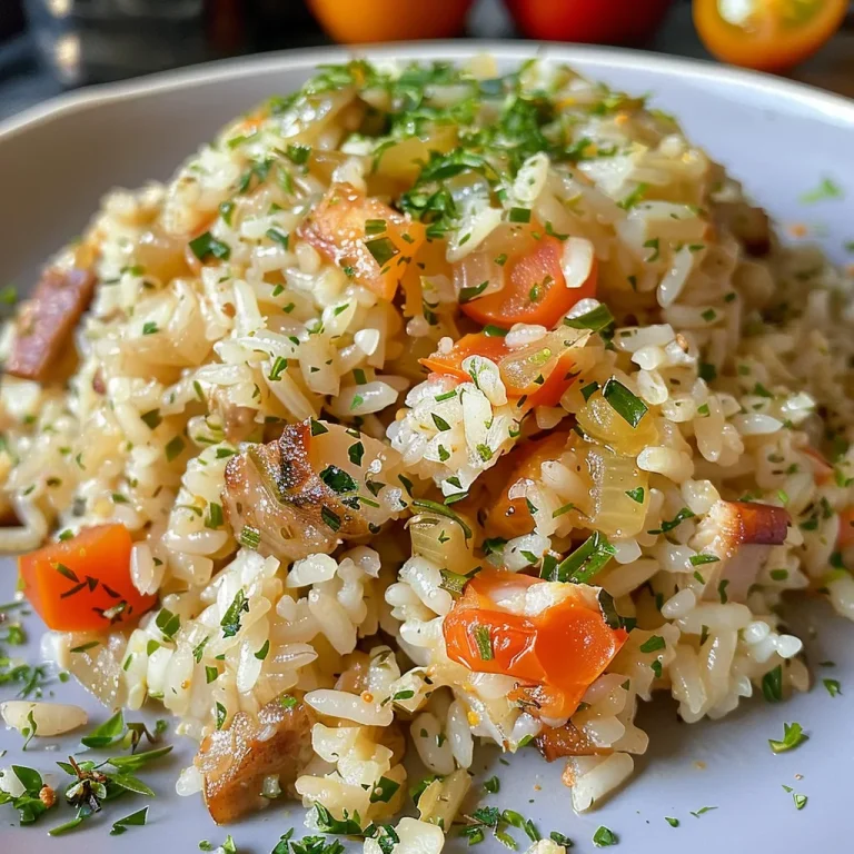 Close-up of Arroz Carreteiro Tradicional with grains of rice and meat pieces.