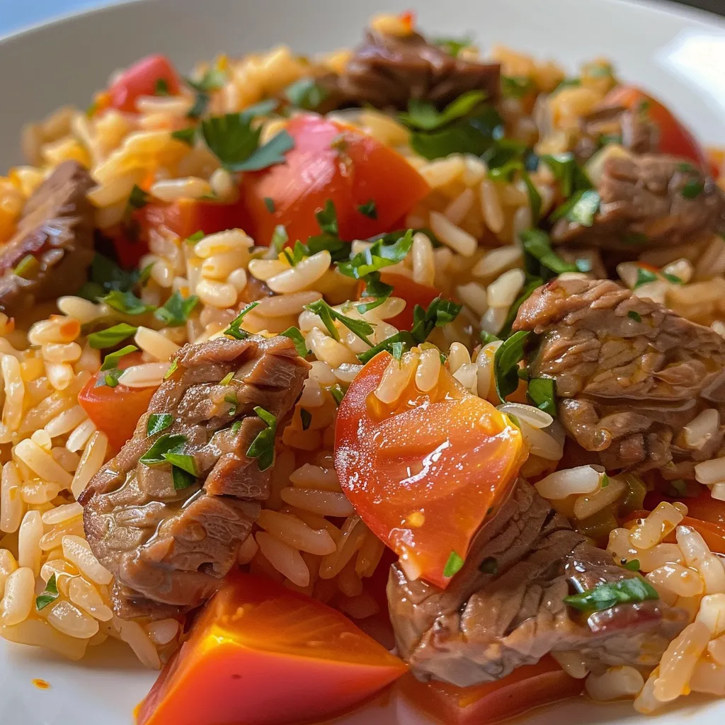 Side view of a vibrant plate of Arroz Carreteiro, showcasing colorful vegetables and spices.