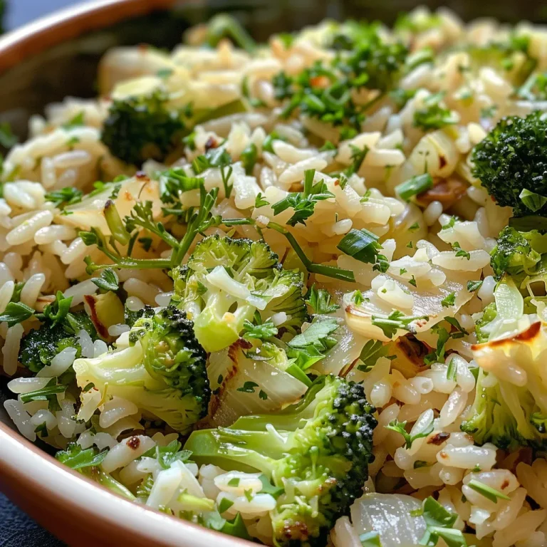 Dê Cor e Sabor ao Seu Dia com Arroz Colorido de Brócolis e Cenoura Close-up of a vibrant dish of Arroz com brócolis e cenoura, highlighting the green broccoli and orange carrot pieces.