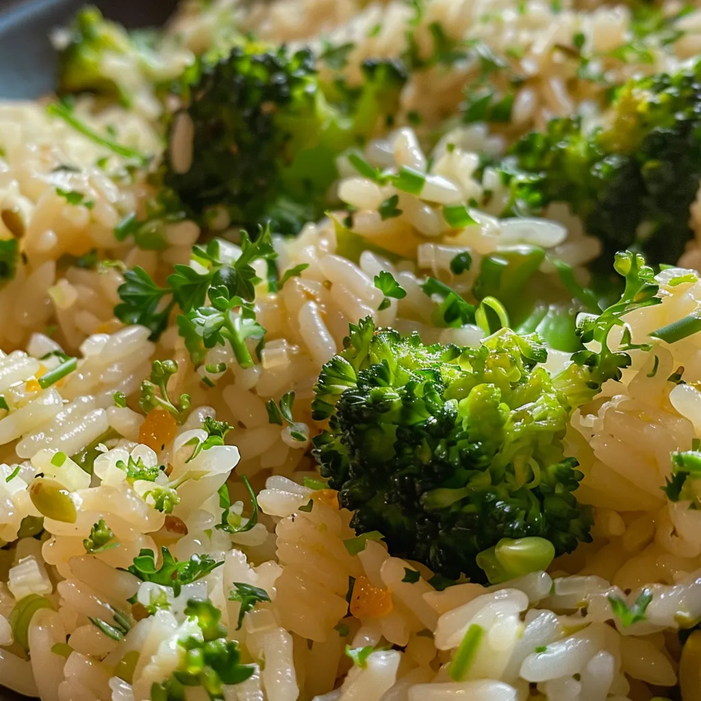 Side view of a colorful plate featuring Arroz com brócolis e cenoura, with visible rice grains and fresh vegetables.