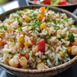 Close-up of Arroz com Legumes Soltinho, featuring colorful vegetables and fluffy rice.