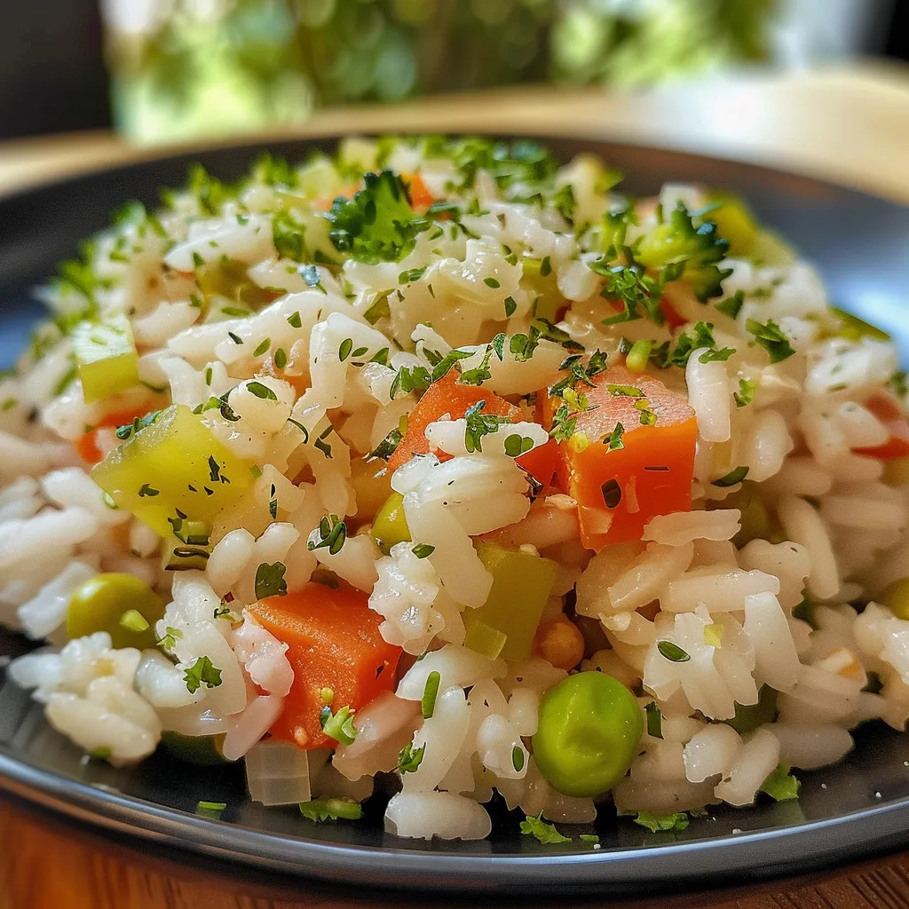 Side view of a bowl of Arroz com Legumes Soltinho with vibrant carrots, peas, and broccoli.