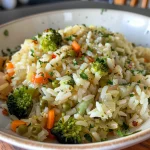 Close-up of a colorful bowl of Arroz com legumes with carrots, broccoli, and zucchini.