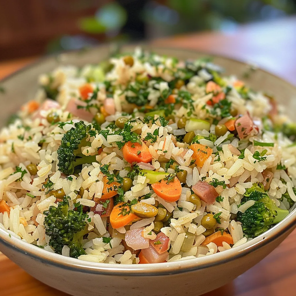 Side view of a vibrant dish of Arroz com legumes, showcasing fresh ingredients.