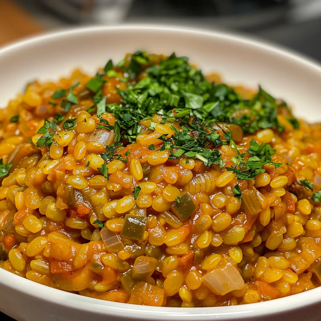 Side view of a steaming plate of Arroz com Lentilha with garnishes.