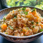 Close-up de uma tigela de arroz com vagem e cenoura colorido.