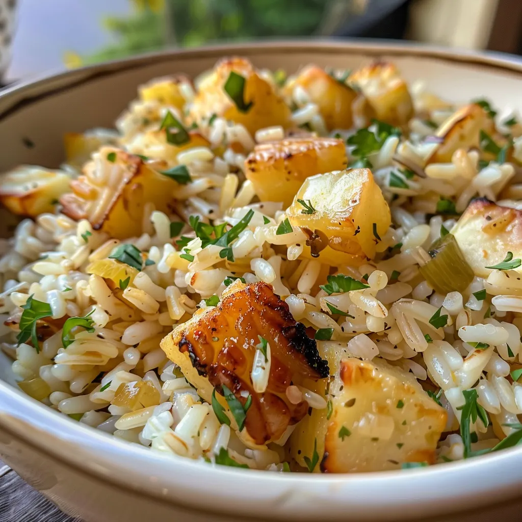 Prato de arroz com ervilhas e cenoura em foco, mostrando texturas.
