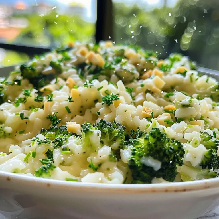 Close-up of creamy rice dish with broccoli and cheese.