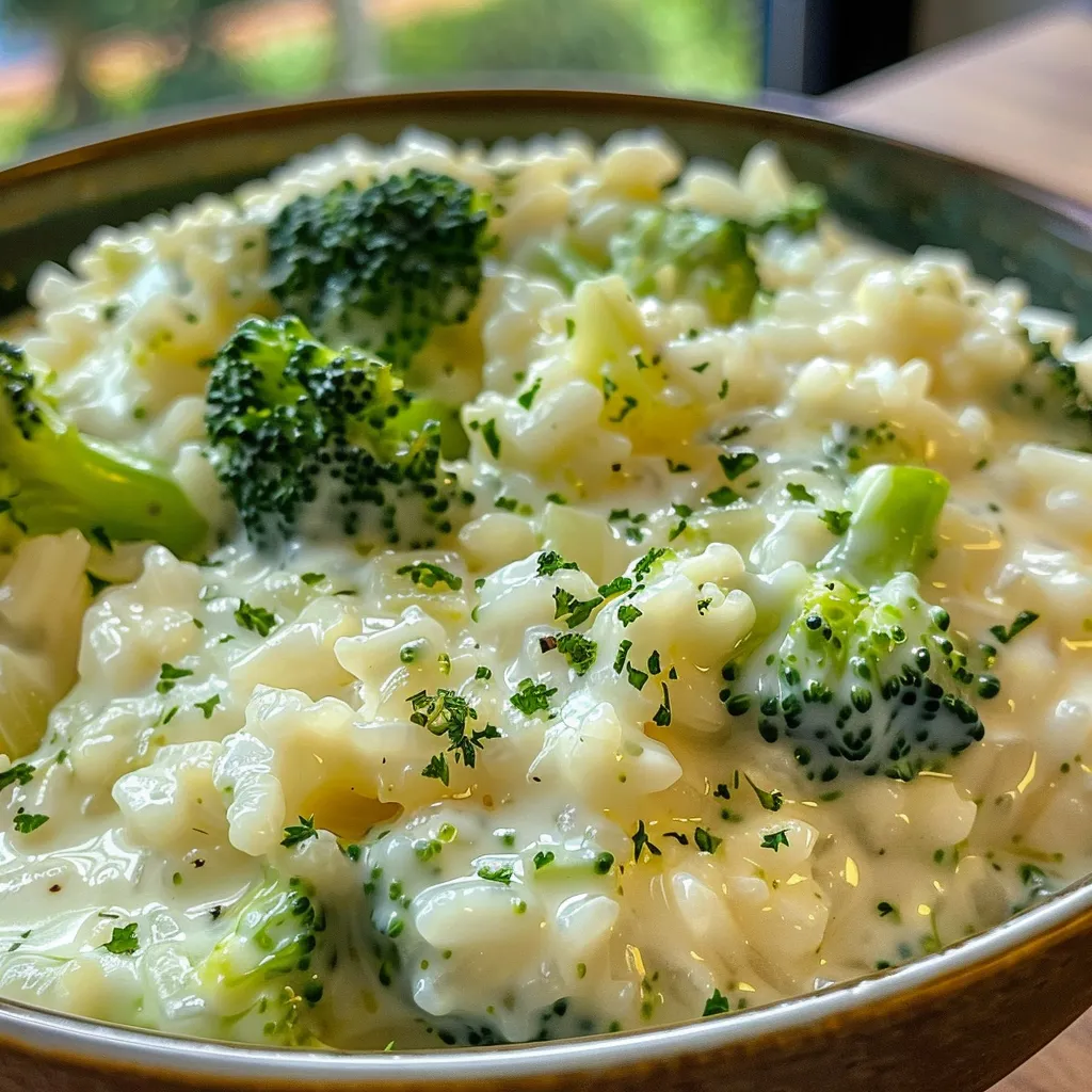 Side view of a delicious Arroz cremoso with vibrant broccoli pieces.