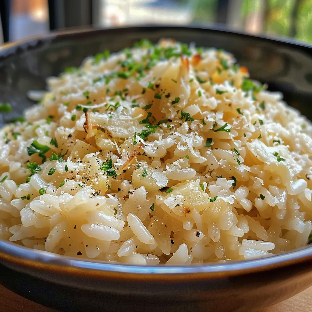 Side view of a cheesy rice casserole with ham.