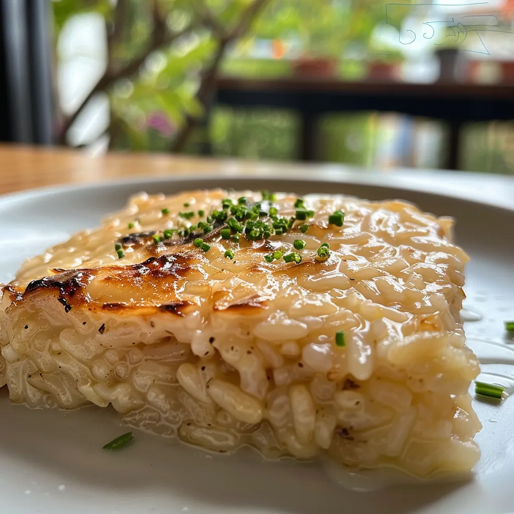 Visão lateral de Arroz de forno cremoso, com ingredientes visíveis e texturas apetitosas.