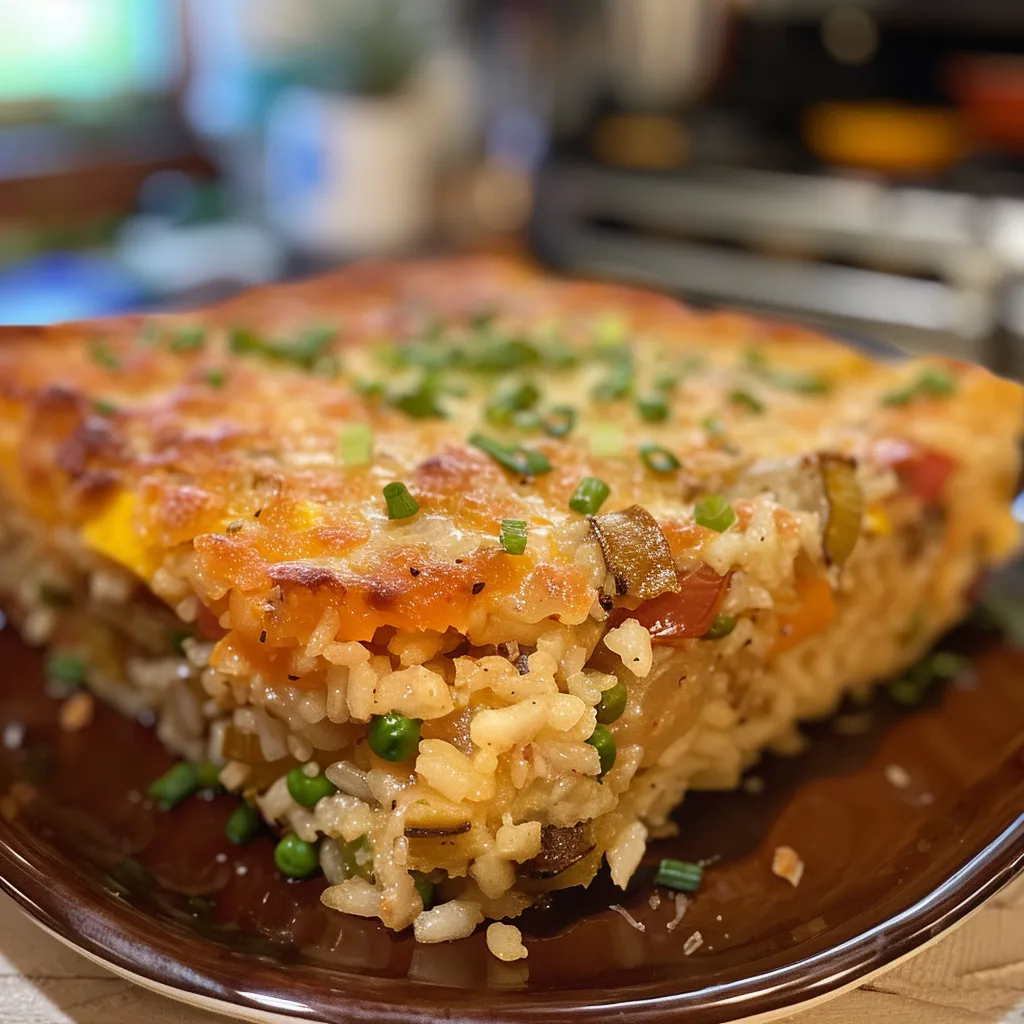 Close-up view of Arroz de forno, a Brazilian dish with layers of rice, cheese, and ham.