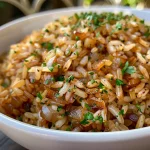 Close-up view of a bowl of Arroz de Lentilha com Cebola Caramelizada, showcasing lentils and caramelized onions.