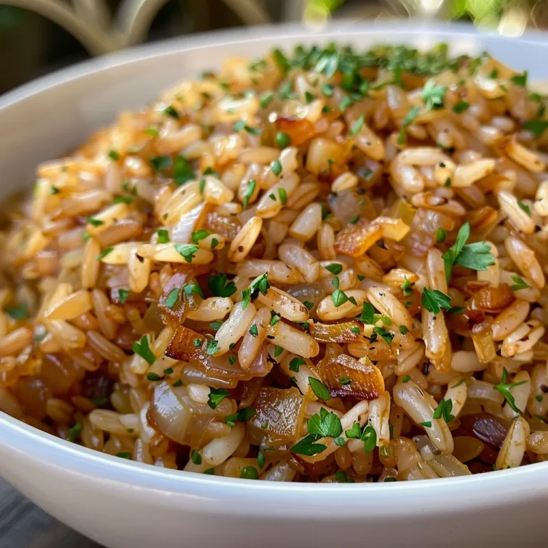 Close-up view of a bowl of Arroz de Lentilha com Cebola Caramelizada, showcasing lentils and caramelized onions.
