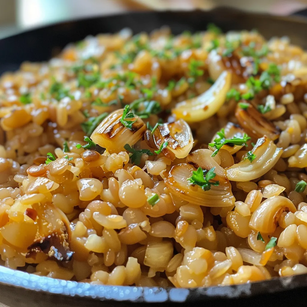 Side view of a vibrant dish of Arroz de Lentilha, featuring golden caramelized onions on top.