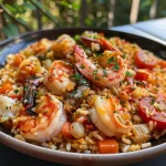 Close-up view of a vibrant plate of Arroz de marisco with seafood and herbs.