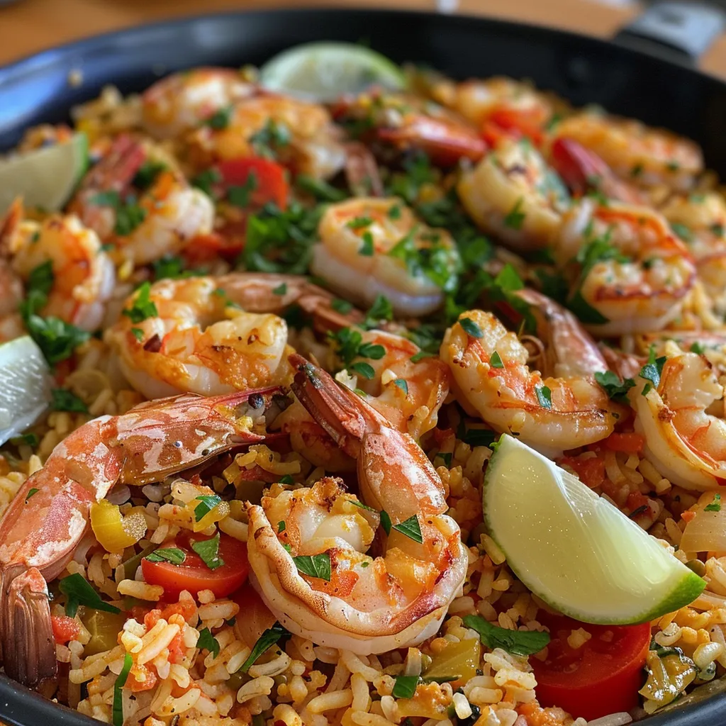 Side view of a bowl of Arroz de marisco showcasing colorful seafood and rice.