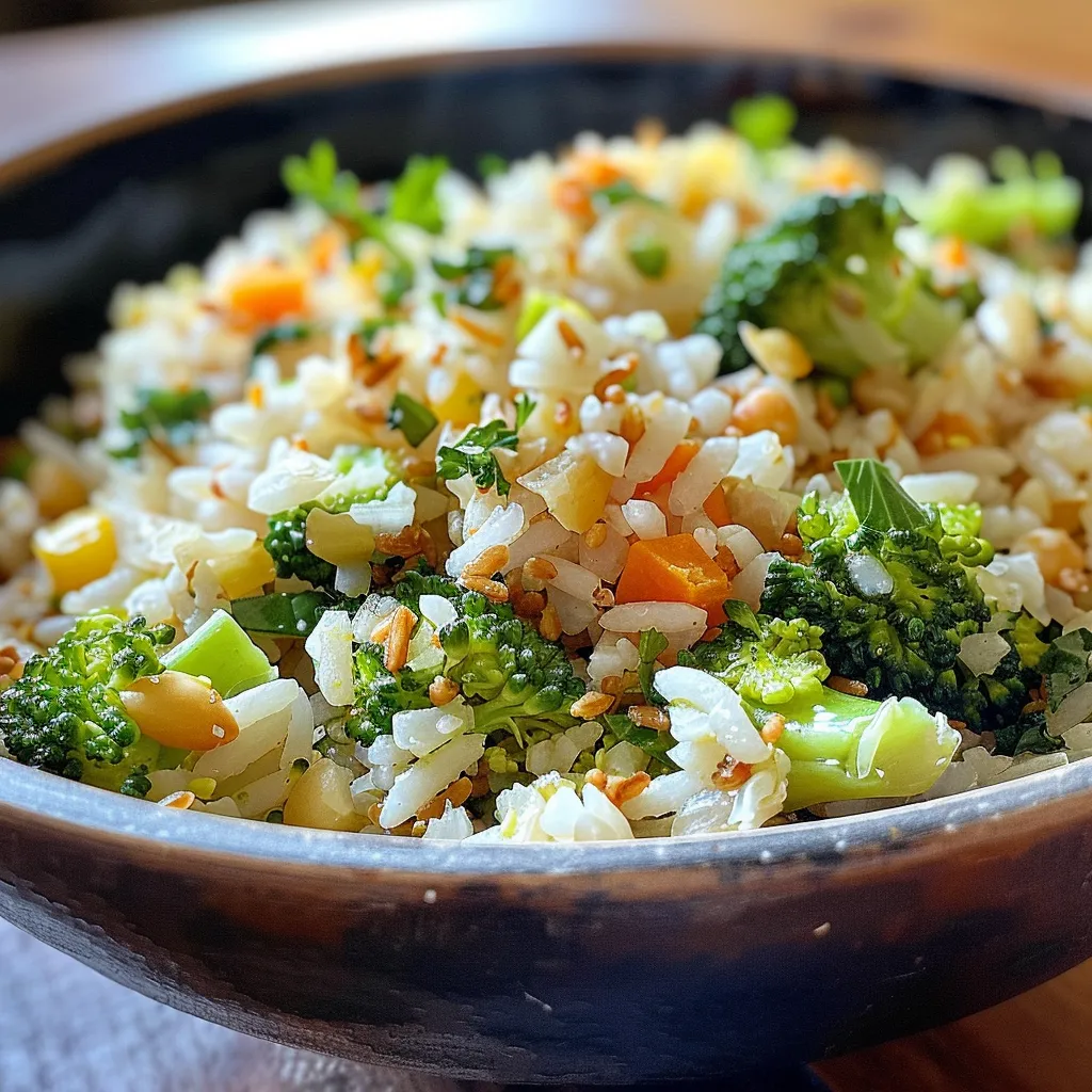 Side view of a bowl with brown rice, vibrant green broccoli, and chunks of apple and cashews.