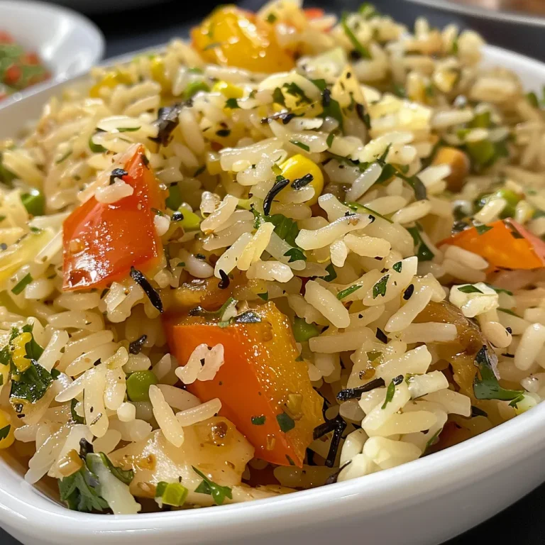 Arroz integral temperado em close-up, mostrando a textura e os ingredientes.