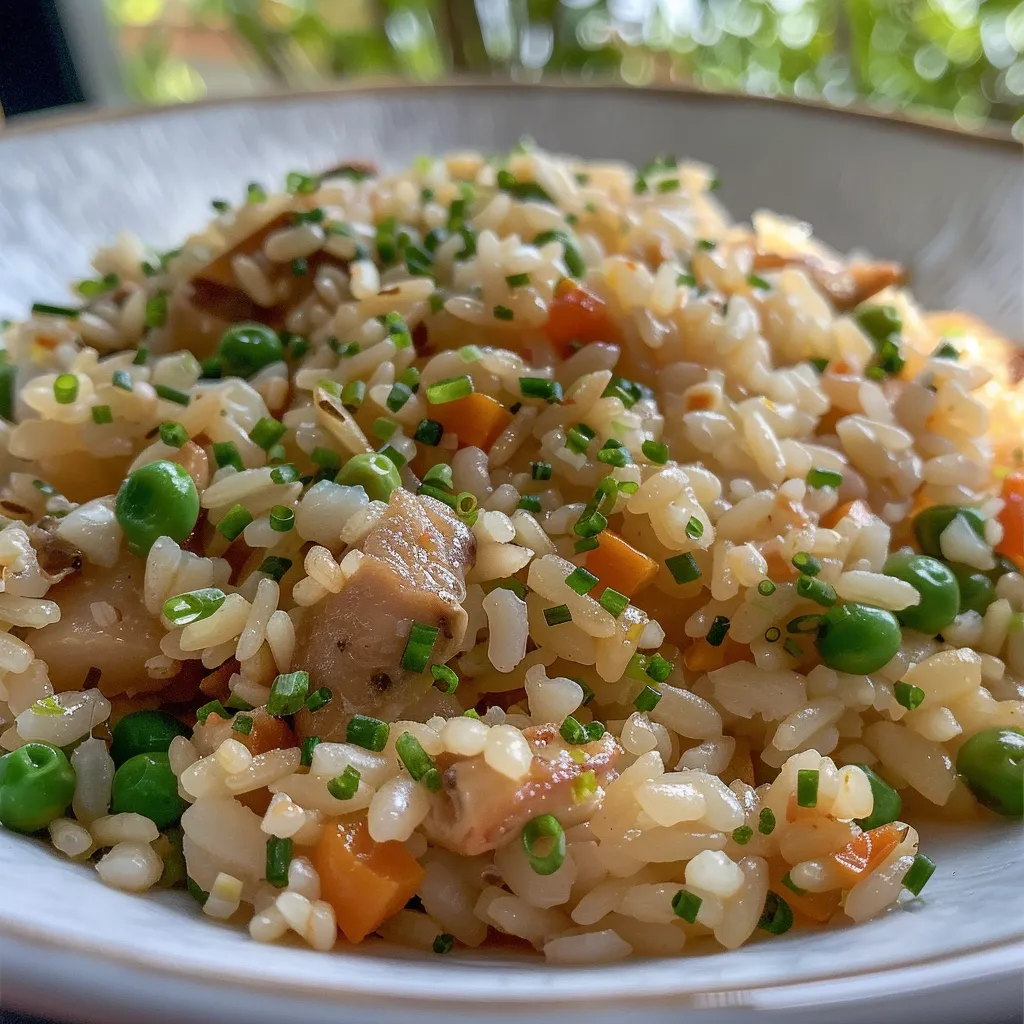 Close-up de arroz com cenoura e alho.
