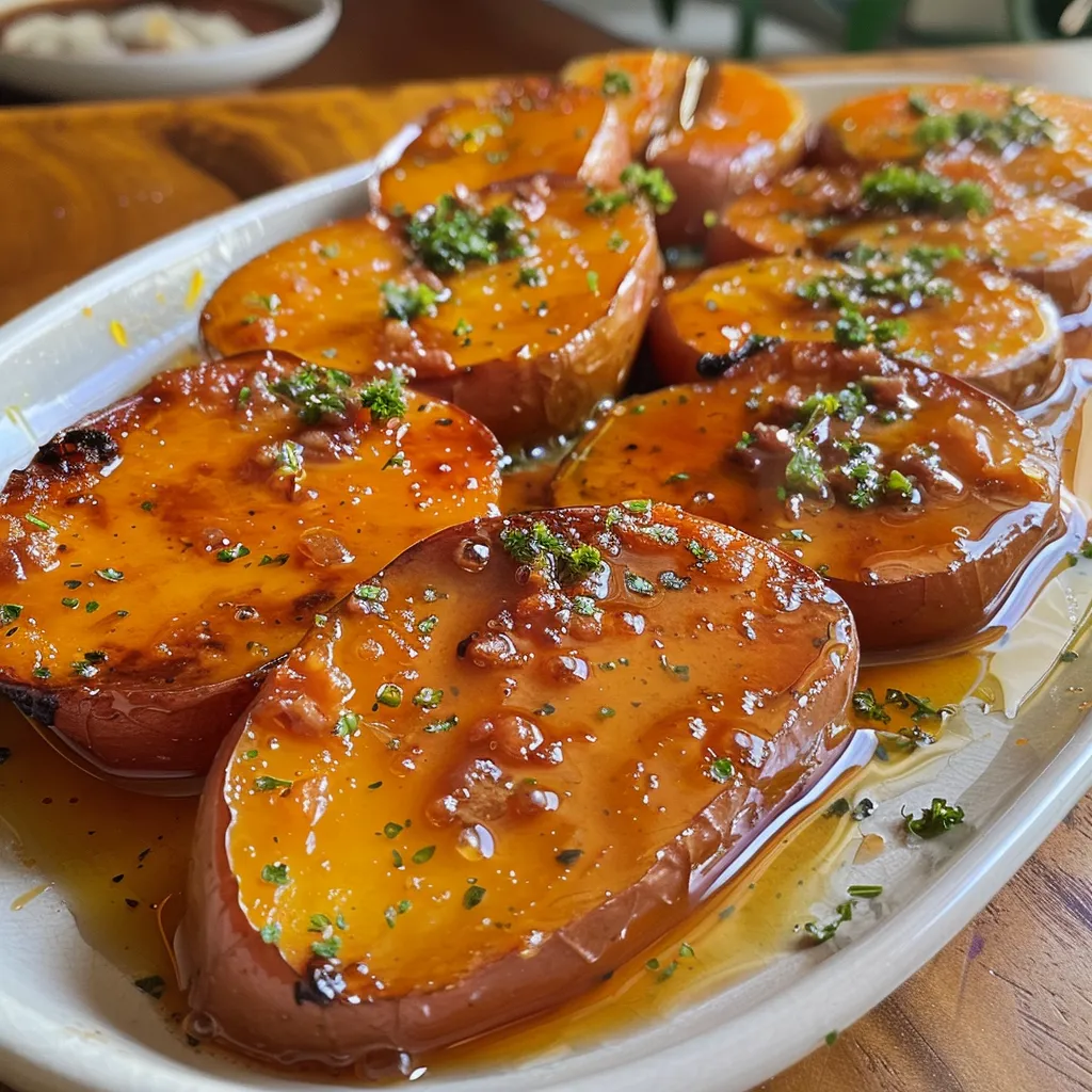 Vista lateral de uma batata doce recheada, com frango e queijo derretido visíveis.