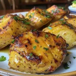 Bolinho de batata-doce com frango, visto de lado, mostrando sua textura suculenta.