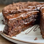 Bolo de cenoura com cobertura de chocolate, visto de lado.