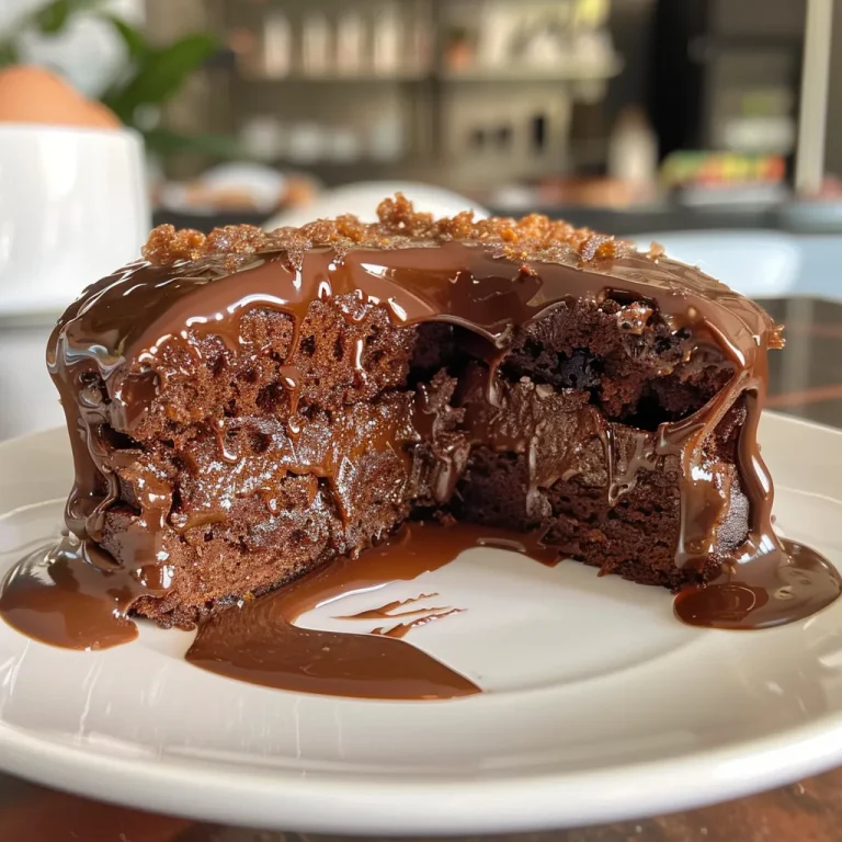 Close-up side view of a fluffy chocolate cake on a plate.