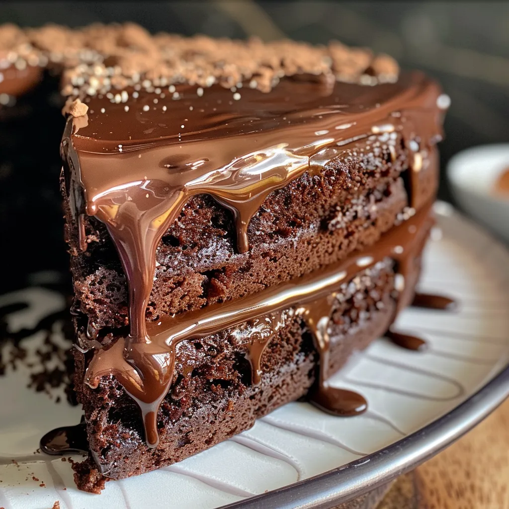 Juicy chocolate cake slice showcasing its soft texture.
