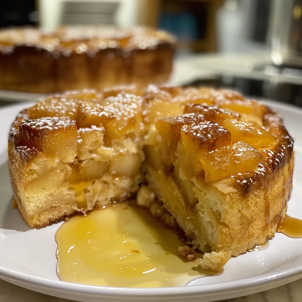 Close-up de bolo de maçã com canela, focando na textura e nas camadas.