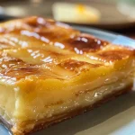 Close-up of a slice of Brigadeirão de Forno with a glossy chocolate surface.