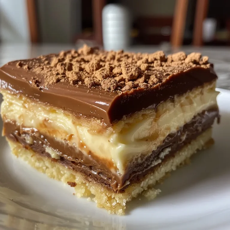 Close-up of a creamy brigadeirão fácil topped with chocolate sprinkles.