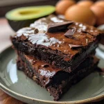 Brownie de Abacate e Cacau com uma textura suculenta, visto de lado.