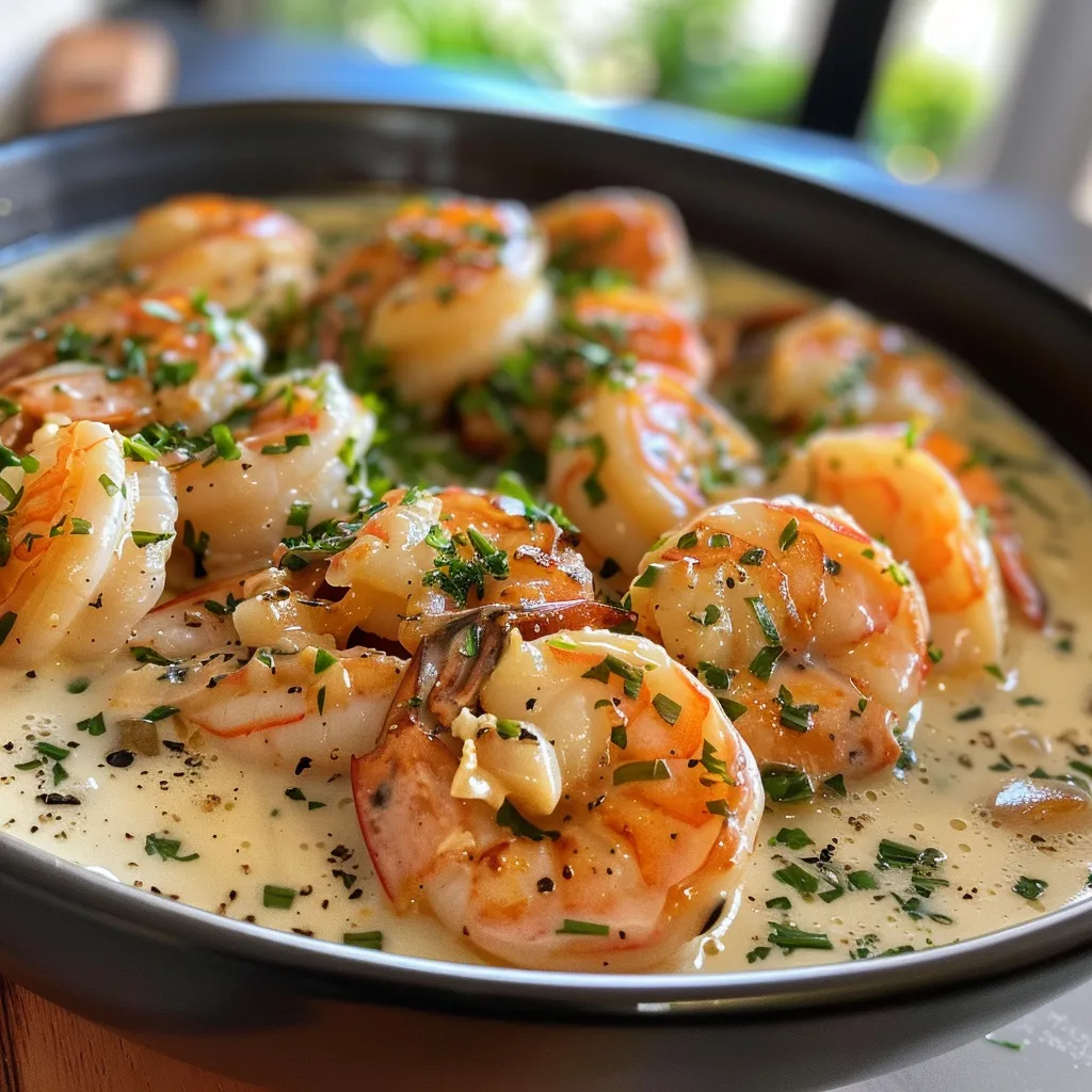Side view of a plate of Camarão ao molho branco especial.