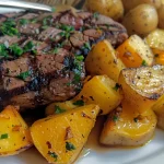 Close-up of juicy carne assada with roasted potatoes.