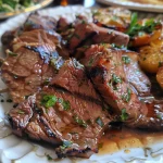 Close-up of juicy carne assada de forno with glistening surface.