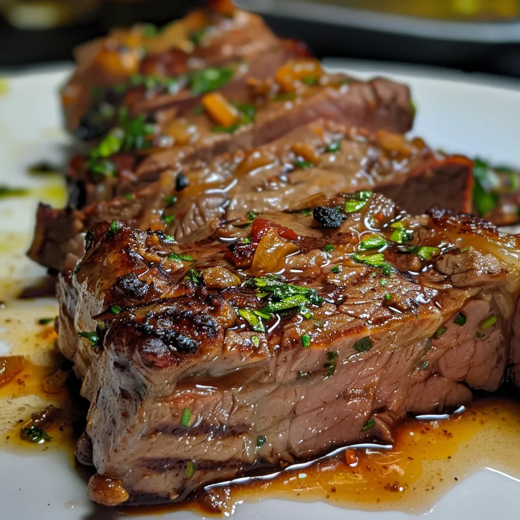 Close-up de Carne Assada na Panela com cebola e cenouras visíveis.