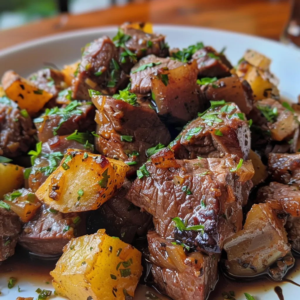 Side view of a delicious Carne de Panela served with smooth purê de batata.