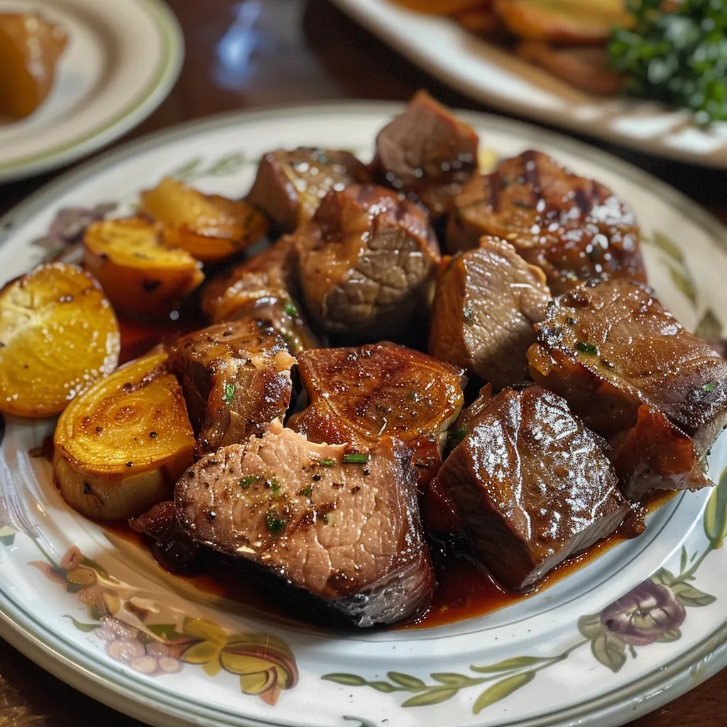 Side view of tender Carne de Panela with grill markings, garnished with spices.