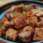 Close-up of juicy Carne de Porco na Panela de Pressão, with visible spices and herbs.