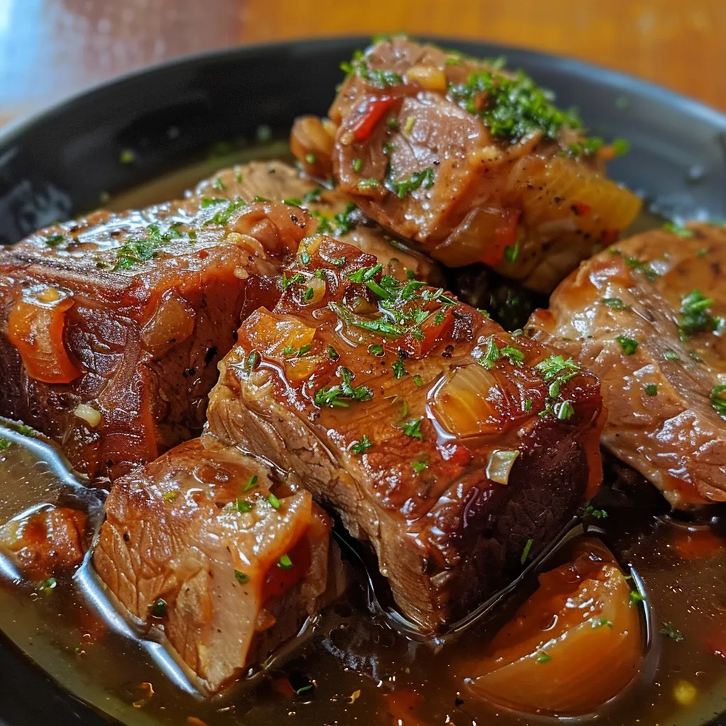 Side view of tender pork chunks in a pressure cooker, garnished with green herbs.