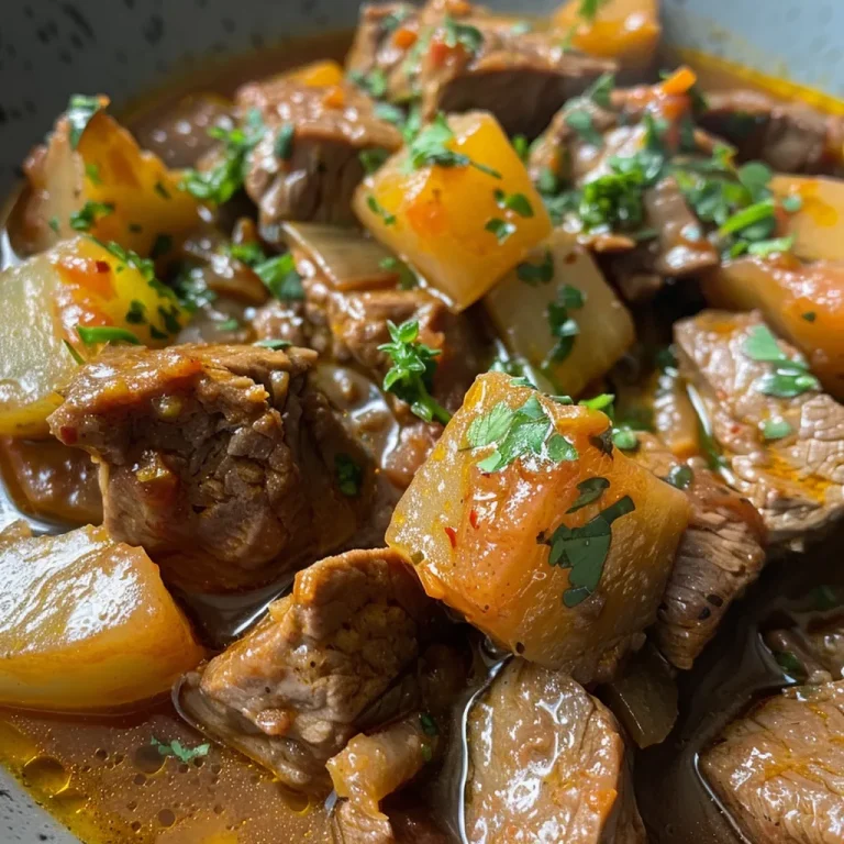 Close-up of juicy carne na pressão with vegetables and herbs.