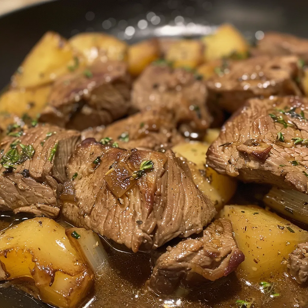 Side view of a steaming plate of carne na pressão garnished with fresh greens.
