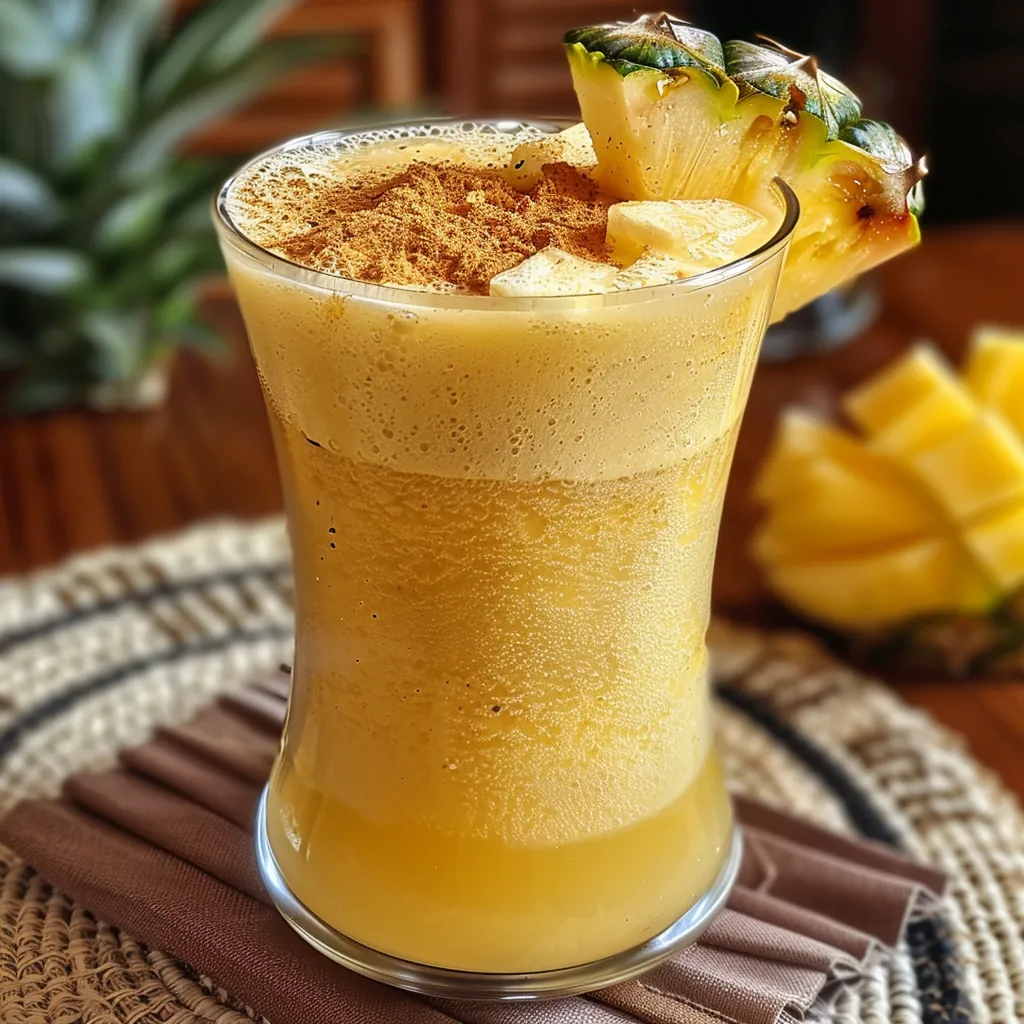 Side view of a refreshing drink made with pineapple peel and ginger.